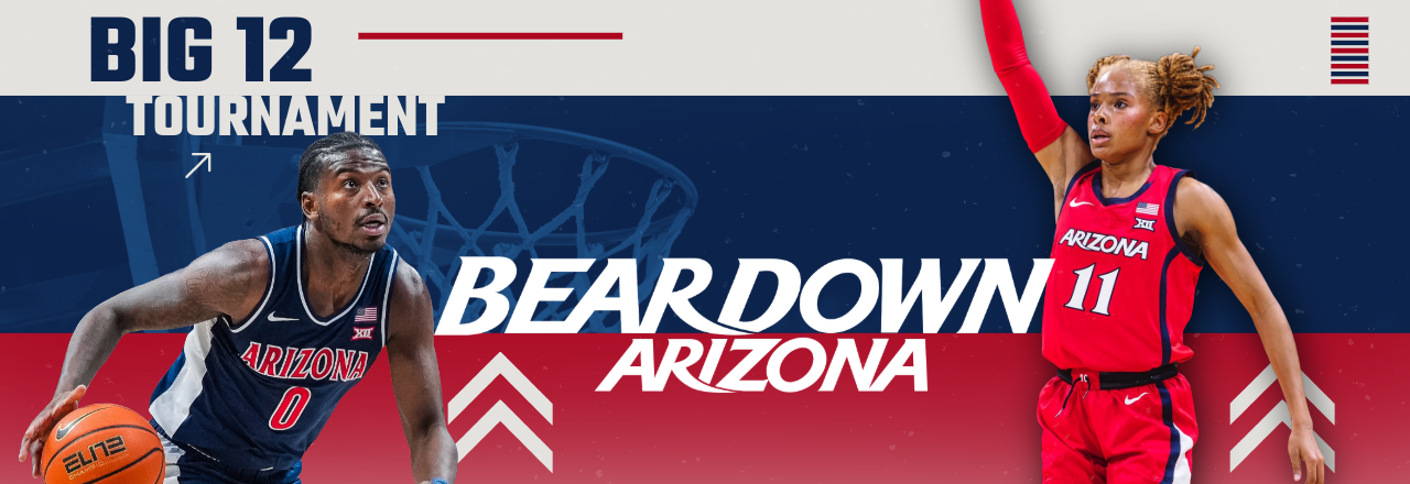 Two Arizona basketball Graphic promoting the Big 12 Tournament featuring two Arizona basketball players, one male dribbling and one female reaching for a shot, with 'BEARDOWN ARIZONA' text., a male dribbling on the left and a female reaching up on the right, against a red and blue background with 'BEARDOWN' text.